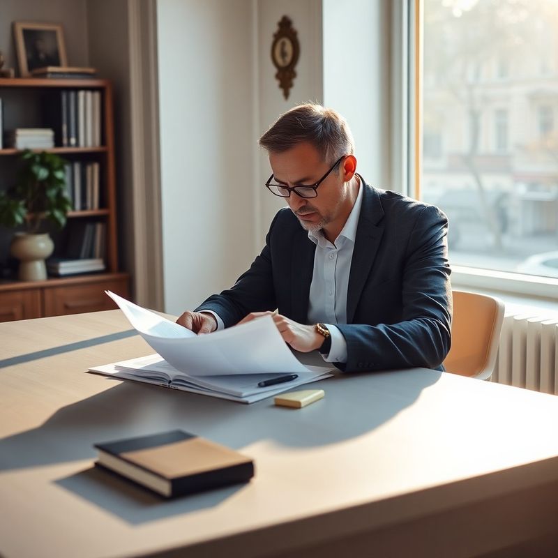 Finanční poradce prochází dokumenty u světlého pracovního stolu